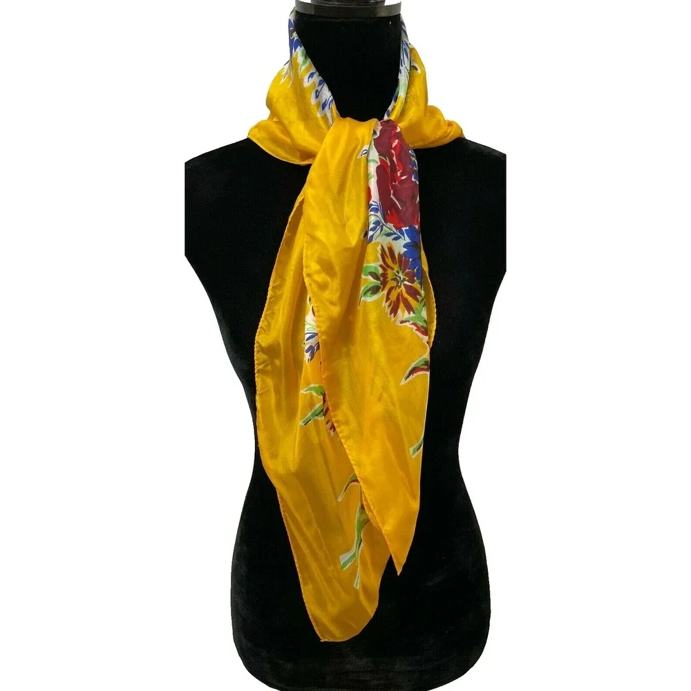 Pure‎ Silk Womens Square Scarf Hand Rolled Gold Hand Screen Printed Floral Silk